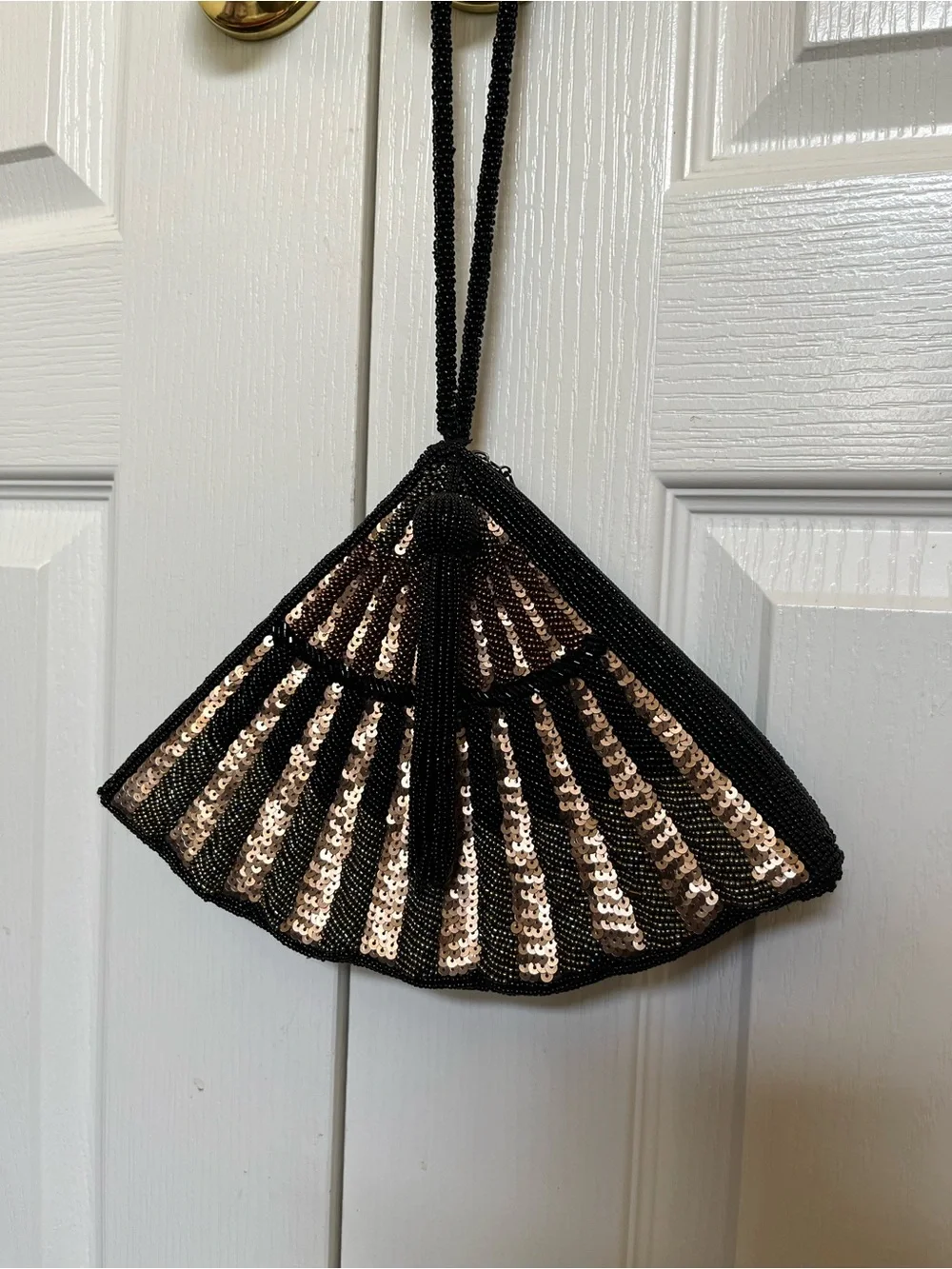 Chico's Black and Rose Gold Sequin Fan Wristlet Clutch